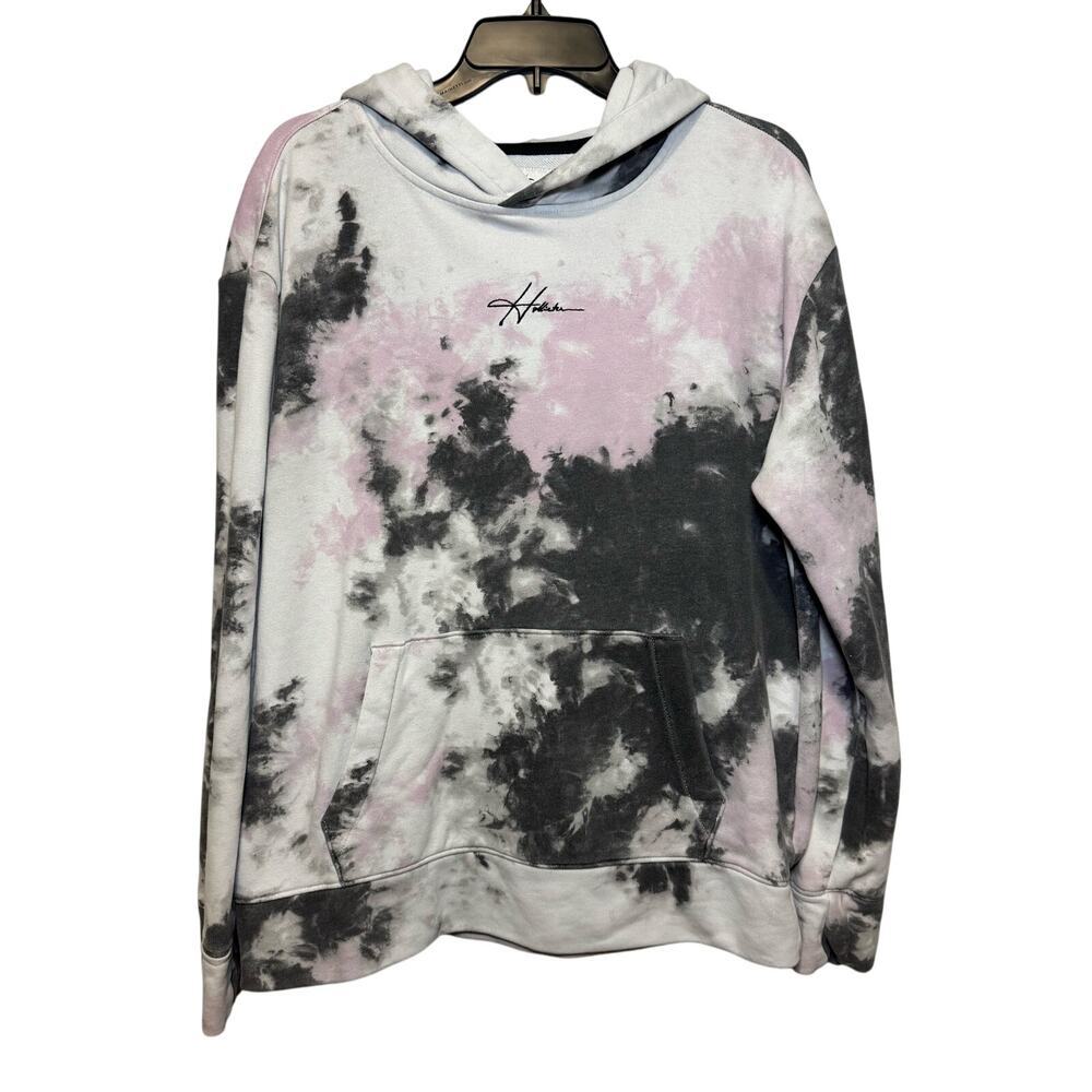 Hollister women’s tie-dye hoodie in white, black, and pink. Size M.